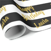 黒カスタムフェイクと白の金ゴールドのスクリプストライプト ラッピングペーパー (ロールコーナー)