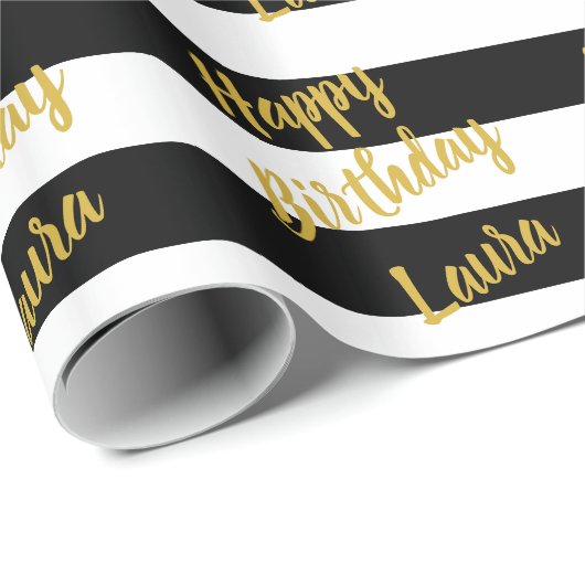 黒カスタムフェイクと白の金ゴールドのスクリプストライプト ラッピングペーパー (ロールコーナー)