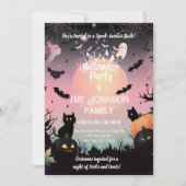 黒カスタム猫とピンクの月のハローウィンパーティ 招待状 (正面)