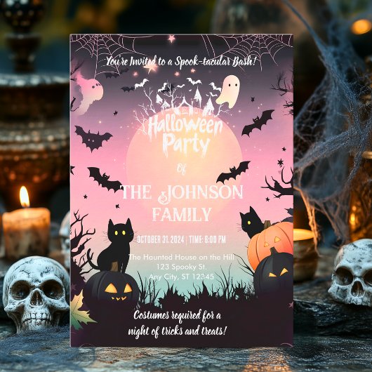 黒カスタム猫とピンクの月のハローウィンパーティ 招待状