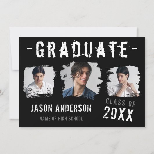 黒カッコいいグランジの3枚の写真卒業 案内状 (正面)