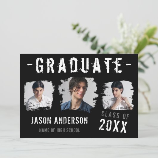 黒カッコいいグランジの3枚の写真卒業 案内状 (スタンド正面)