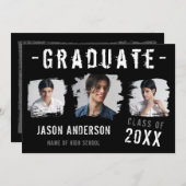 黒カッコいいグランジの3枚の写真卒業 案内状 (正面/裏面)