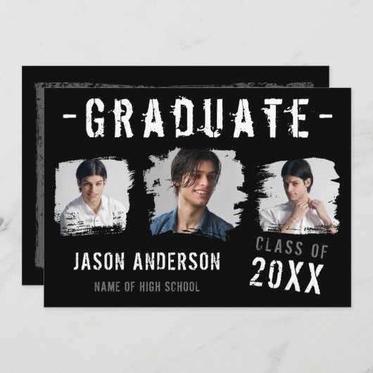 黒カッコいいグランジの3枚の写真卒業 案内状 (正面/裏面)