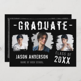 黒カッコいいグランジの3枚の写真卒業 案内状