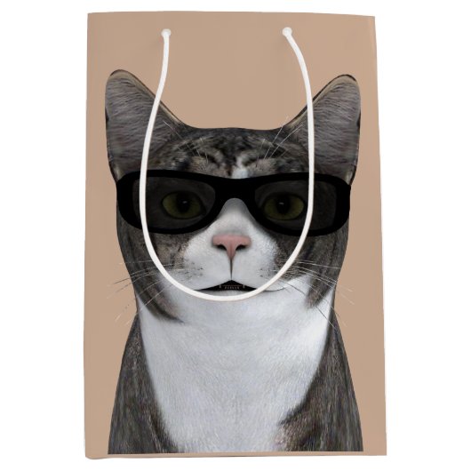 黒カッコいいサングラス猫 ミディアムペーパーバッグ (正面)