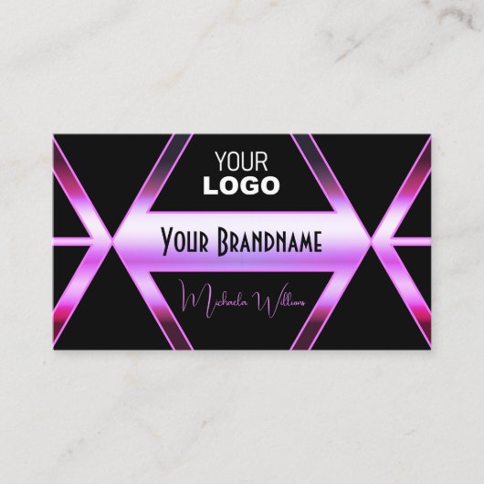 黒カッコいい幾何学模様ピンクパープルきらめくとロゴ 名刺 (正面)