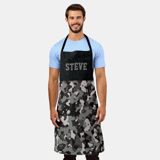 黒カッコいい灰色の迷彩柄名頑丈な男性 エプロン (着用した状態)