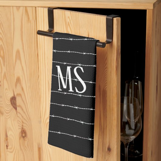 黒カッコいい白の有刺線模様モノグラム キッチンタオル (三つ折り)