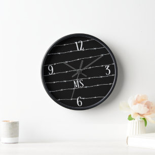 黒カッコいい白の有刺線模様モノグラム 壁時計