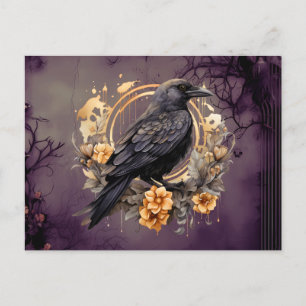 黒カラス金ゴールド灰色の花の葉ハロウィーン シーズンポストカード