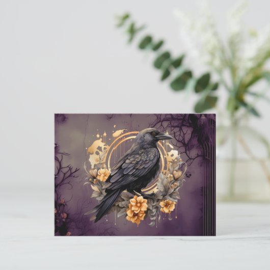 黒カラス金ゴールド灰色の花の葉ハロウィーン シーズンポストカード (スタンド正面)