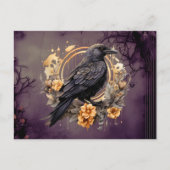 黒カラス金ゴールド灰色の花の葉ハロウィーン シーズンポストカード (正面)