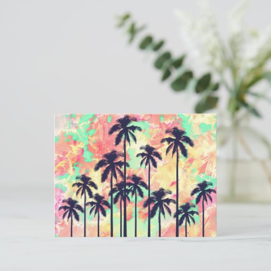 黒カラフルいヤシの木がネオンの水色 ポストカード (スタンド正面)