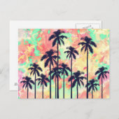 黒カラフルいヤシの木がネオンの水色 ポストカード (正面/裏面)