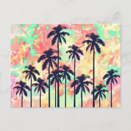 黒カラフルいヤシの木がネオンの水色 ポストカード (正面)