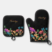 黒カラフルのフローラスカスタムクリプト名 鍋つかみ&鍋敷きセット (正面)