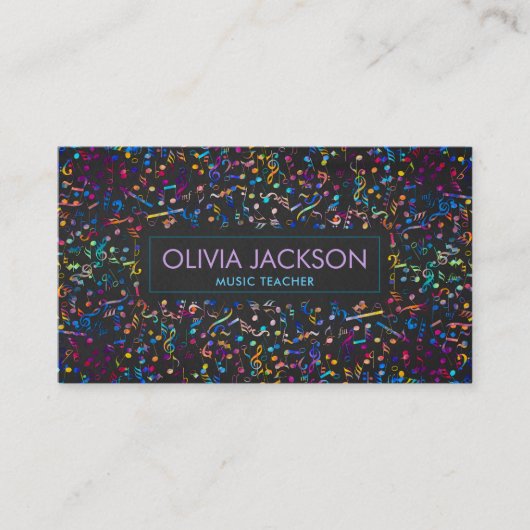 黒カラフルの音符パターン 名刺 (正面)