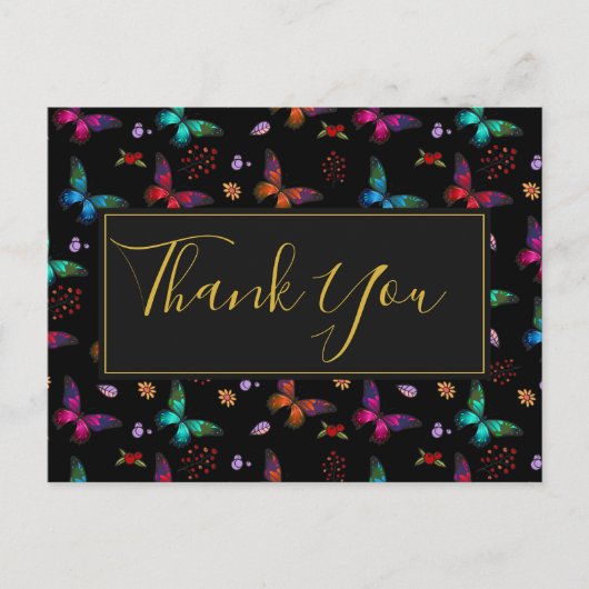 黒カラフルパーティーに蝶パタ感謝していン ポストカード (正面)