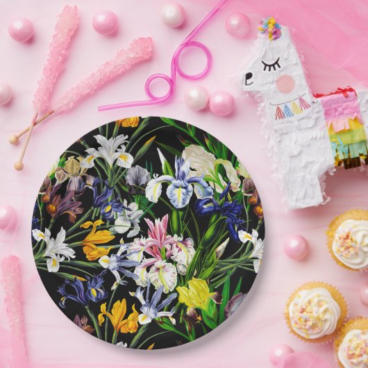 黒カラフルビクトリアン模様の虹彩花 ペーパープレート (パーティー)