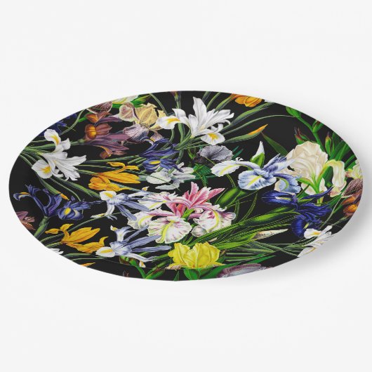 黒カラフルビクトリアン模様の虹彩花 ペーパープレート (アングル)