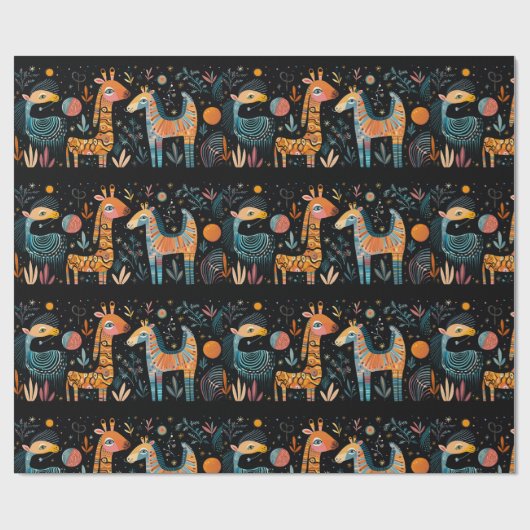 黒カラフル字の想像上の動物 ラッピングペーパー (フラット)
