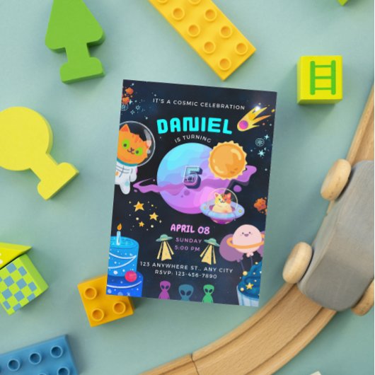 黒カラフル宇宙誕生日の招待 招待状