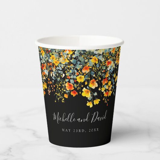 黒カラフル水色フローラ結婚 紙コップ (左)