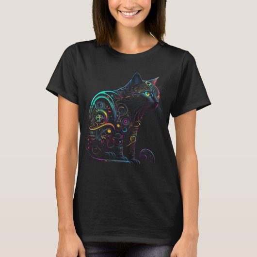 黒カラフル猫ロボットGraphic Tees男性女性Bo Tシャツ (正面)