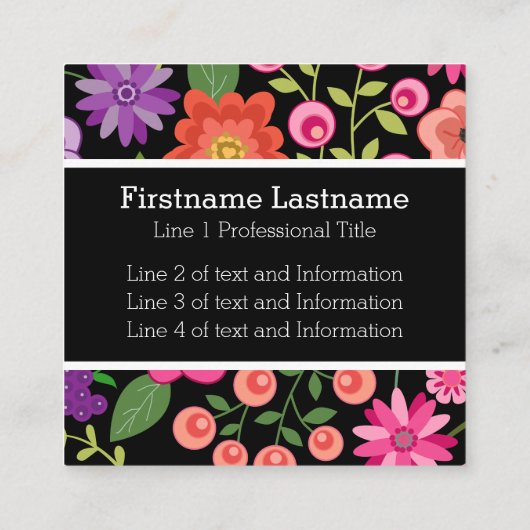 黒カラフル背景モノグラムの花 スクエア名刺 (裏面)