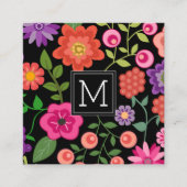 黒カラフル背景モノグラムの花 スクエア名刺 (正面)