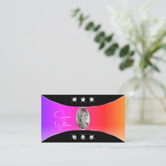 黒カラフル色のシルバーデコールの宝石と写真 名刺 (スタンド正面)