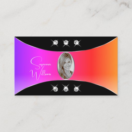 黒カラフル色のシルバーデコールの宝石と写真 名刺 (正面)