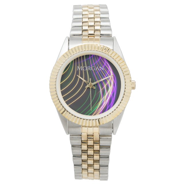 黒カラフル色の曲線光源、DIY名前白 腕時計 (正面)