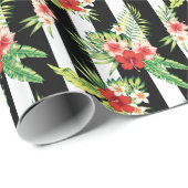 黒カラフル色の背景を持つハイストライプビスカス ラッピングペーパー (ロールコーナー)