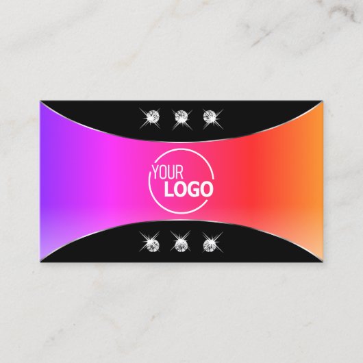 黒カラフル色、シルバーデコールの宝石とロゴ 名刺 (正面)