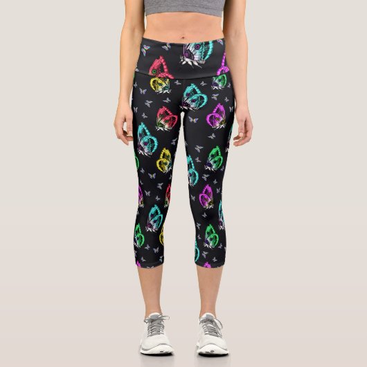 黒カラフル蝶パターンデザイン カプリレギンス (正面)