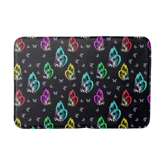黒カラフル蝶パターンデザイン バスマット (正面)