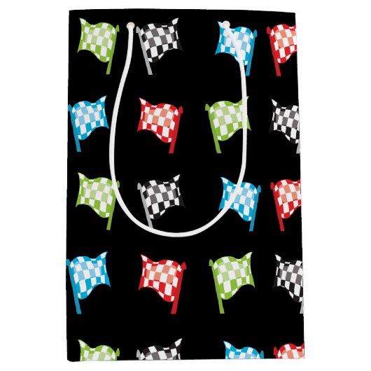 黒カラフル誕生日会のレーシングフラッグ ミディアムペーパーバッグ (正面)