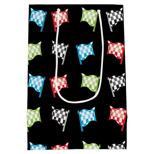 黒カラフル誕生日会のレーシングフラッグ ミディアムペーパーバッグ (裏面)