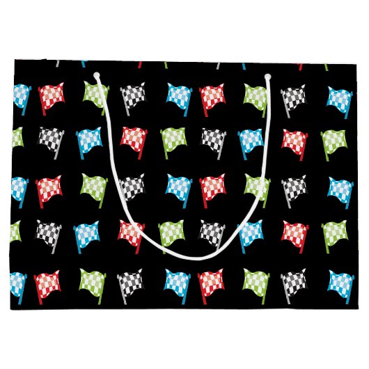 黒カラフル誕生日会のレーシングフラッグ ラージペーパーバッグ (裏面)