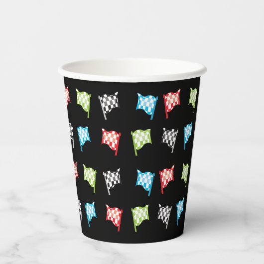 黒カラフル誕生日会のレーシングフラッグ 紙コップ (裏面)