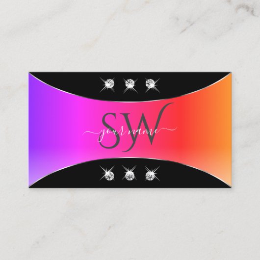 黒カラフル銀色の装飾の宝石とモノグラム 名刺 (正面)