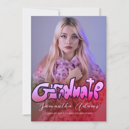 黒ガーリーとピンクのタイポグラフィ写真卒業 招待状 (正面)