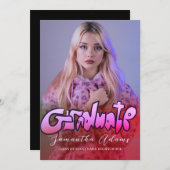 黒ガーリーとピンクのタイポグラフィ写真卒業 招待状 (正面/裏面)