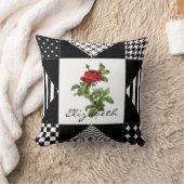 黒ガーリーと白の幾何学赤いバラと名前 クッション (ブランケット)