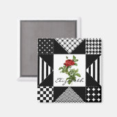 黒ガーリーと白の幾何学赤いバラと名前 マグネット (正面/裏面)