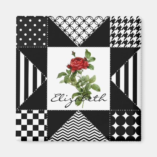 黒ガーリーと白の幾何学赤いバラと名前 マグネット (正面)