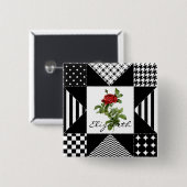 黒ガーリーと白の幾何学赤いバラと名前 缶バッジ (正面&裏面)