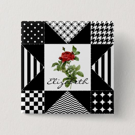 黒ガーリーと白の幾何学赤いバラと名前 缶バッジ (正面)